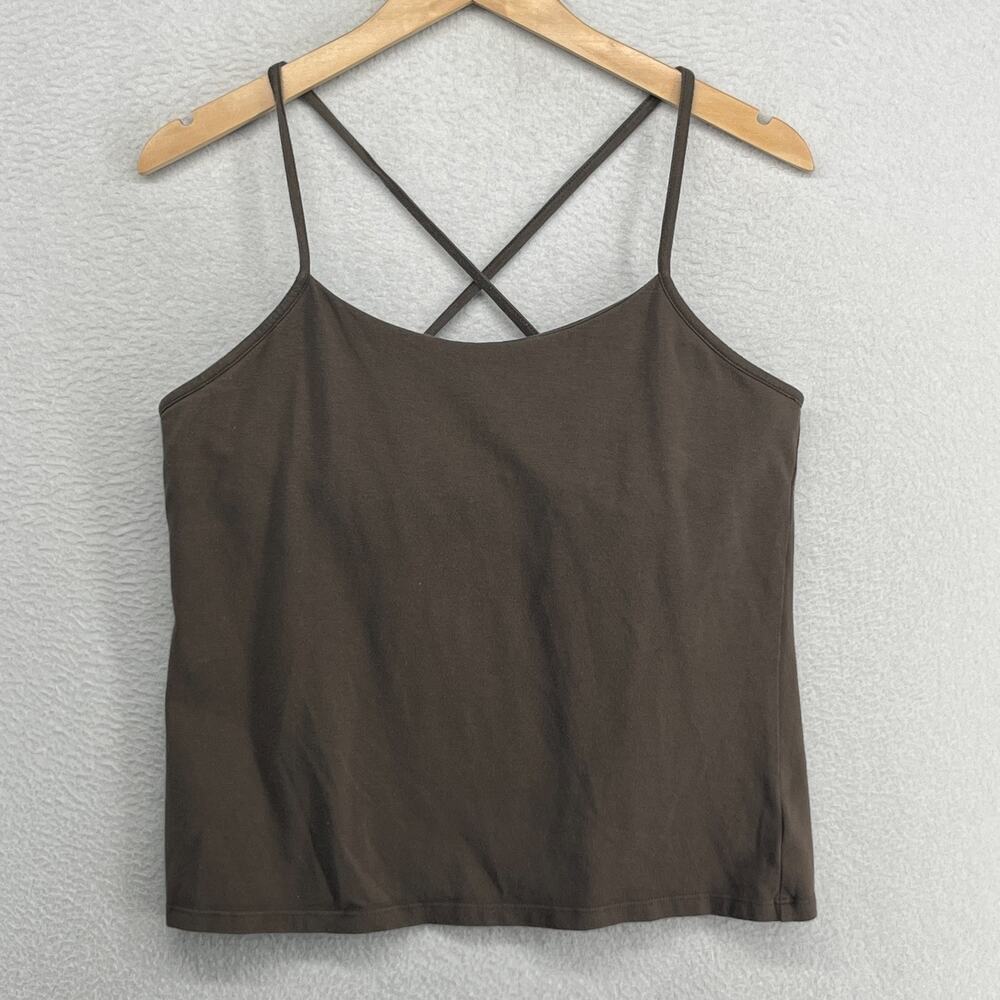 EILEEN FISHER Tank Top M Organic Cotton Jersey Cross Back Shelf Bra Brown USA
